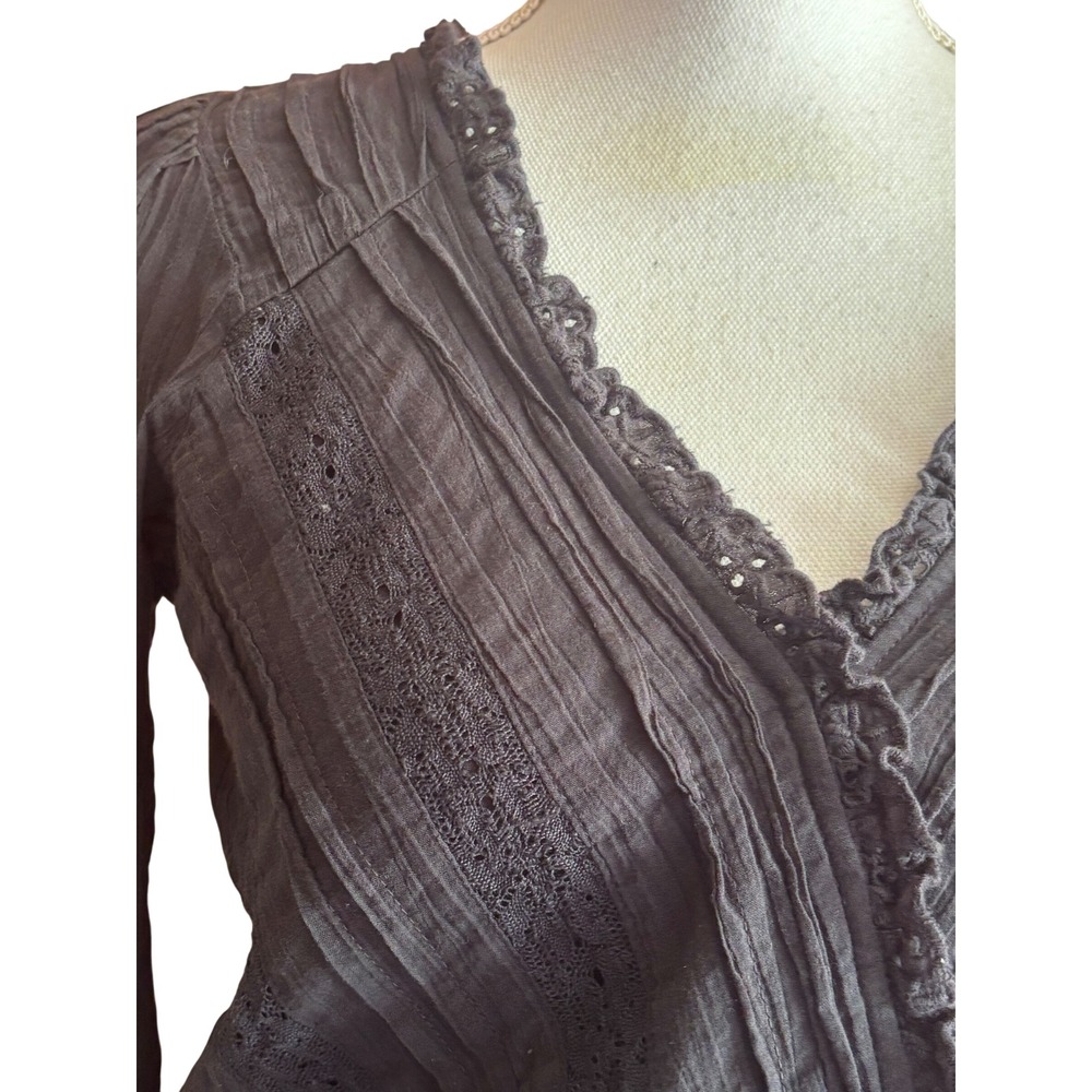 American Eagle Black Crinkle Gauze Lace Wrap Top Boho Eyelet Romantic Peasant - Picture 2 of 6